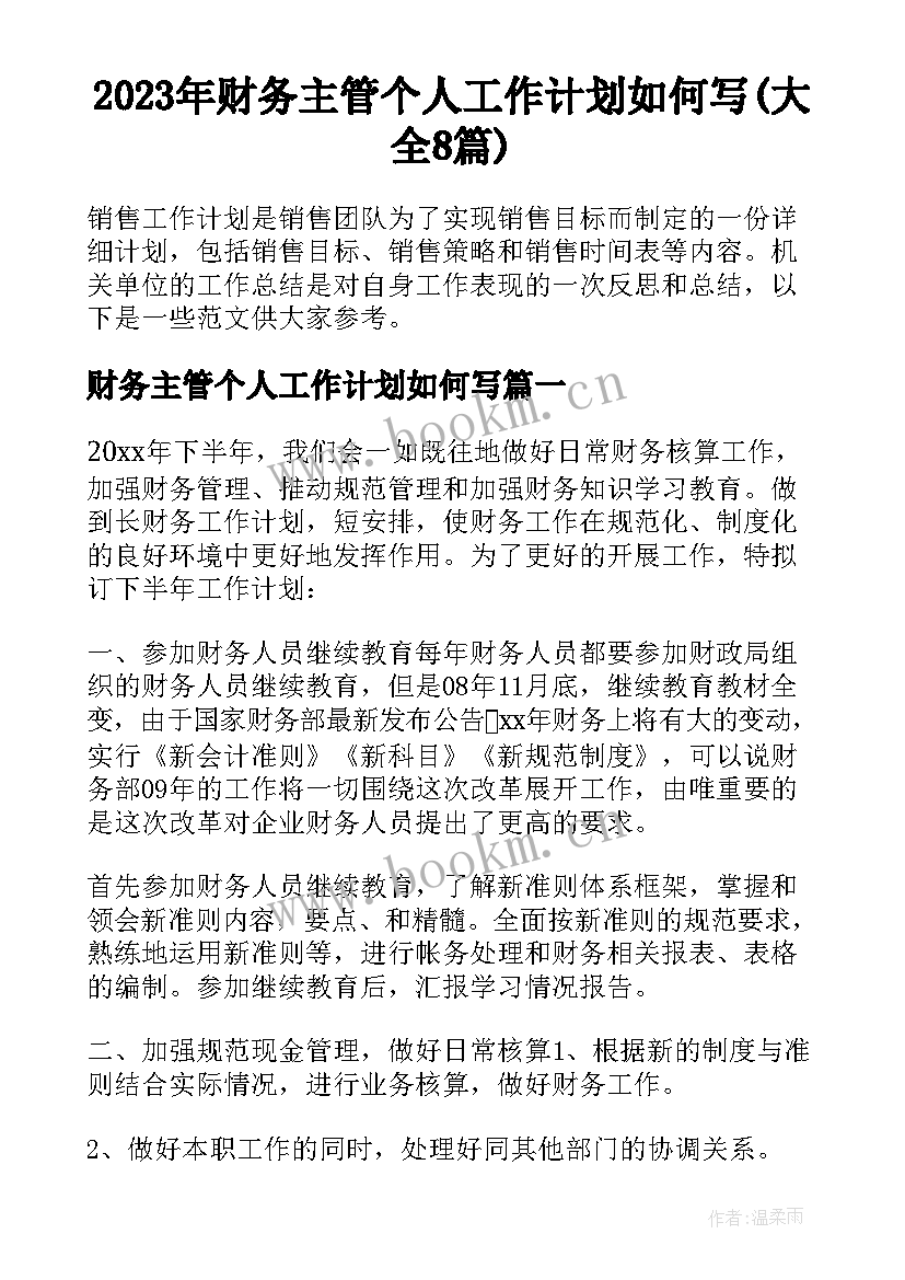 2023年财务主管个人工作计划如何写(大全8篇)