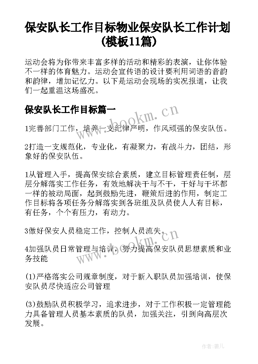 保安队长工作目标 物业保安队长工作计划(模板11篇)