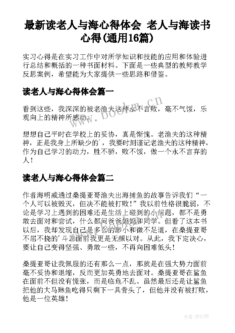 最新读老人与海心得体会 老人与海读书心得(通用16篇)