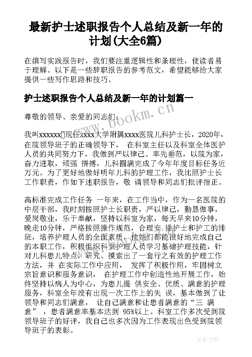 最新护士述职报告个人总结及新一年的计划(大全6篇)