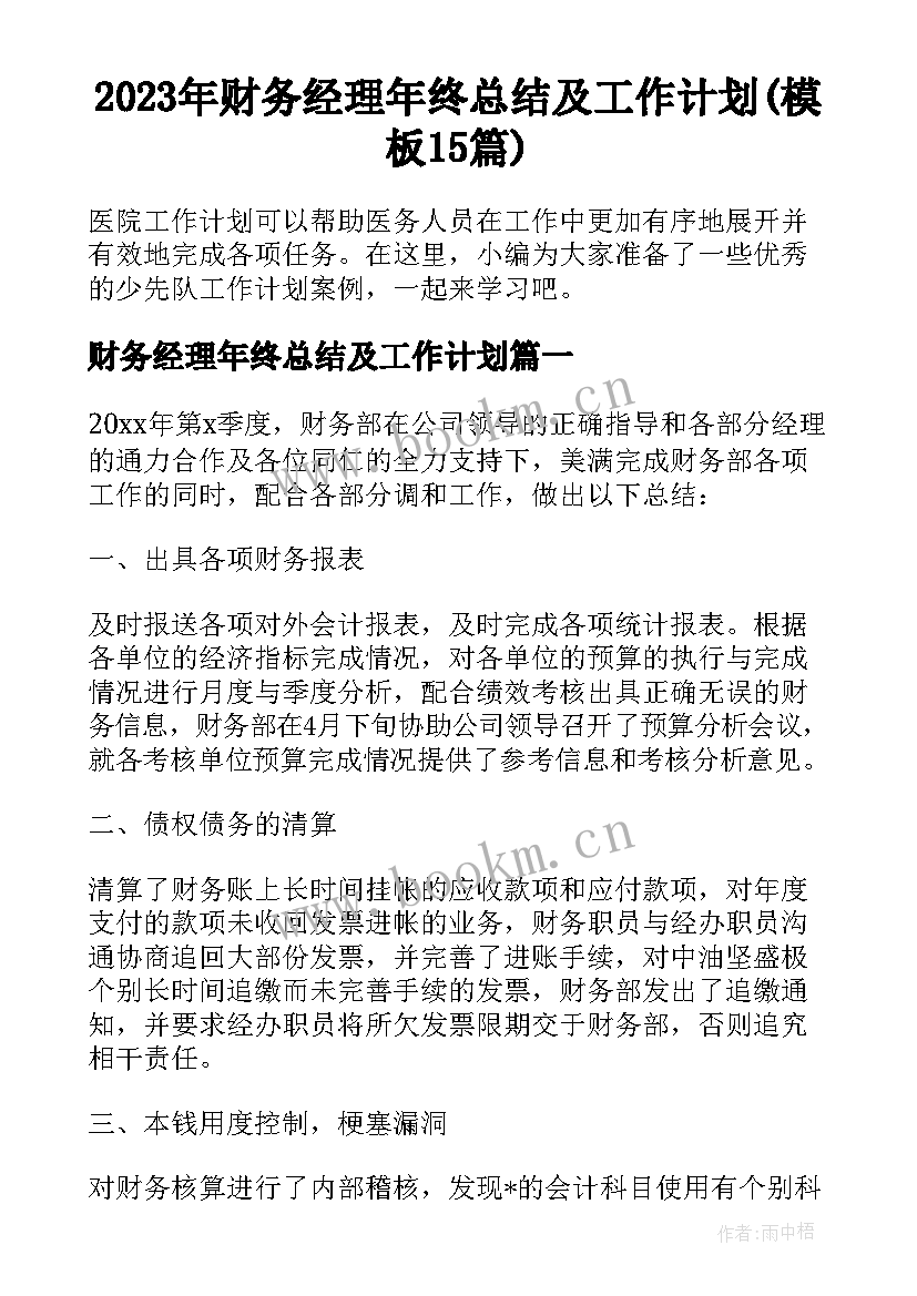 2023年财务经理年终总结及工作计划(模板15篇)