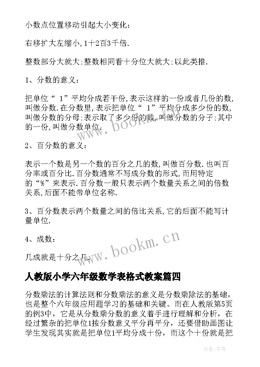 2023年人教版小学六年级数学表格式教案 六年级数学教案(优质20篇)