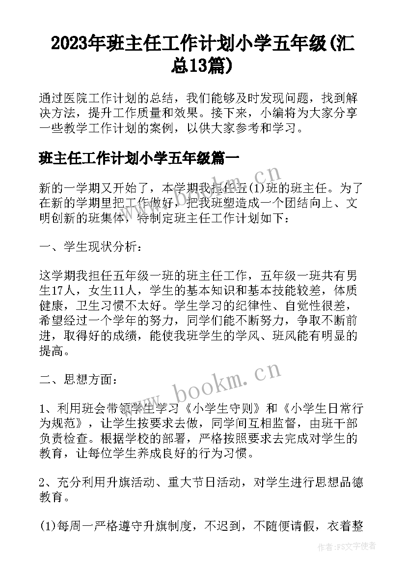 2023年班主任工作计划小学五年级(汇总13篇)