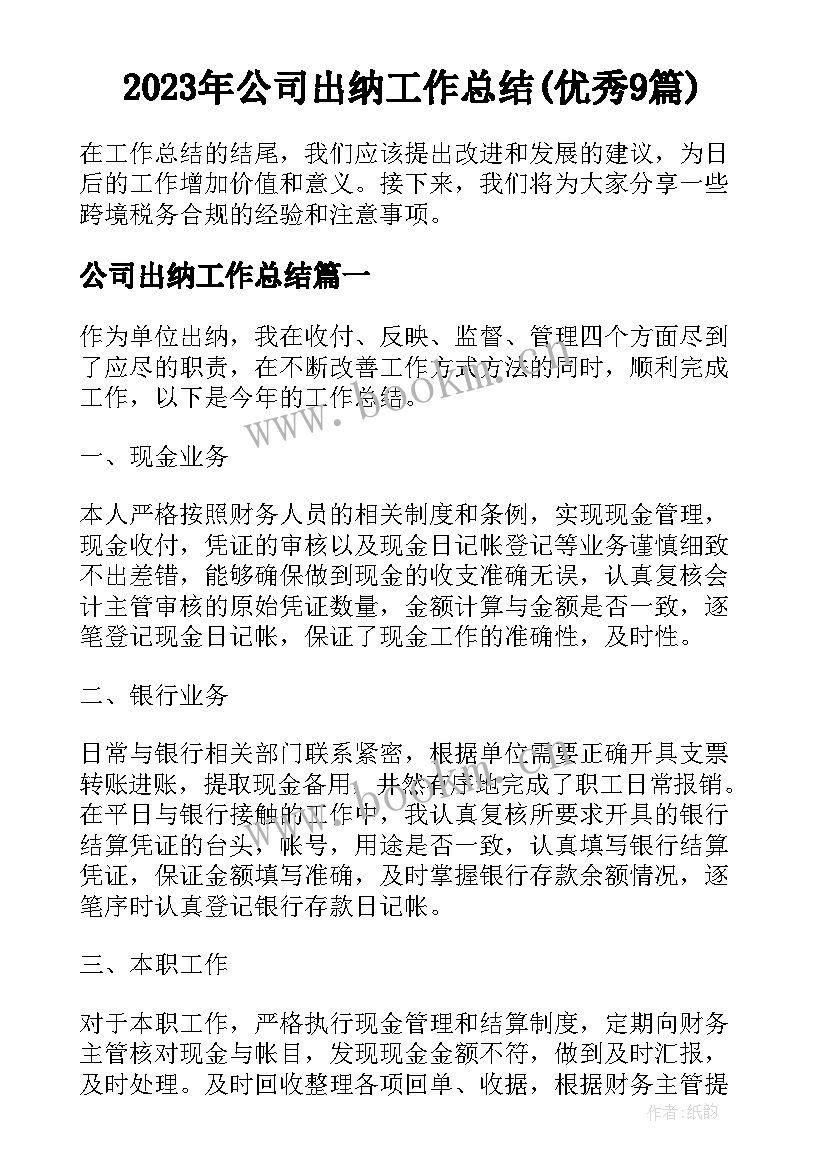 2023年公司出纳工作总结(优秀9篇)