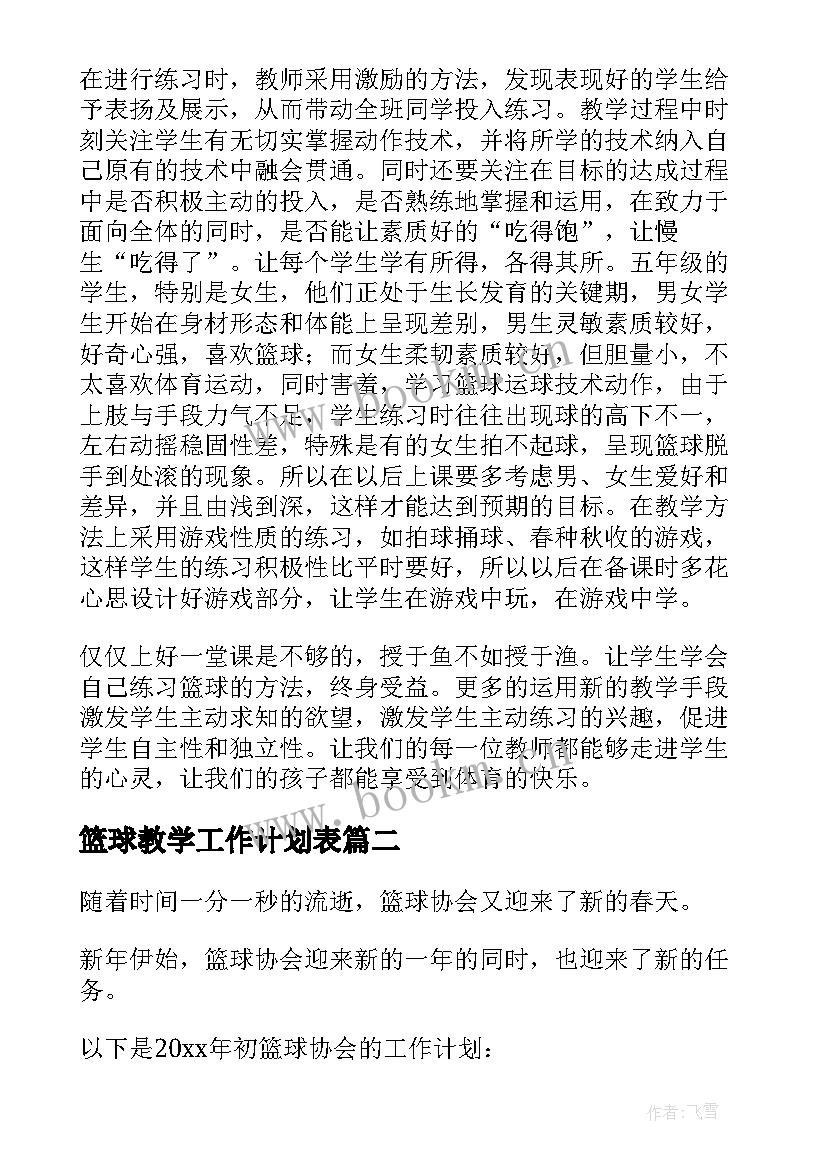 篮球教学工作计划表 小学篮球教学工作计划(实用8篇)