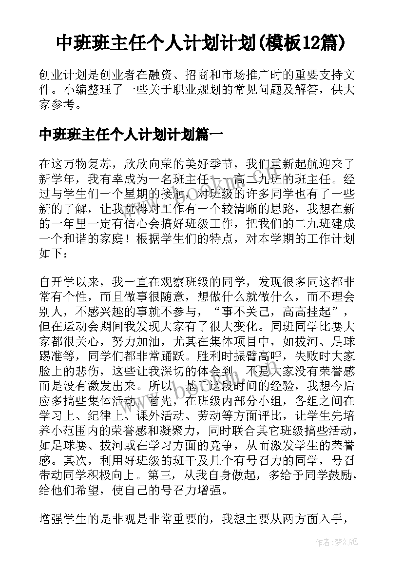 中班班主任个人计划计划(模板12篇)