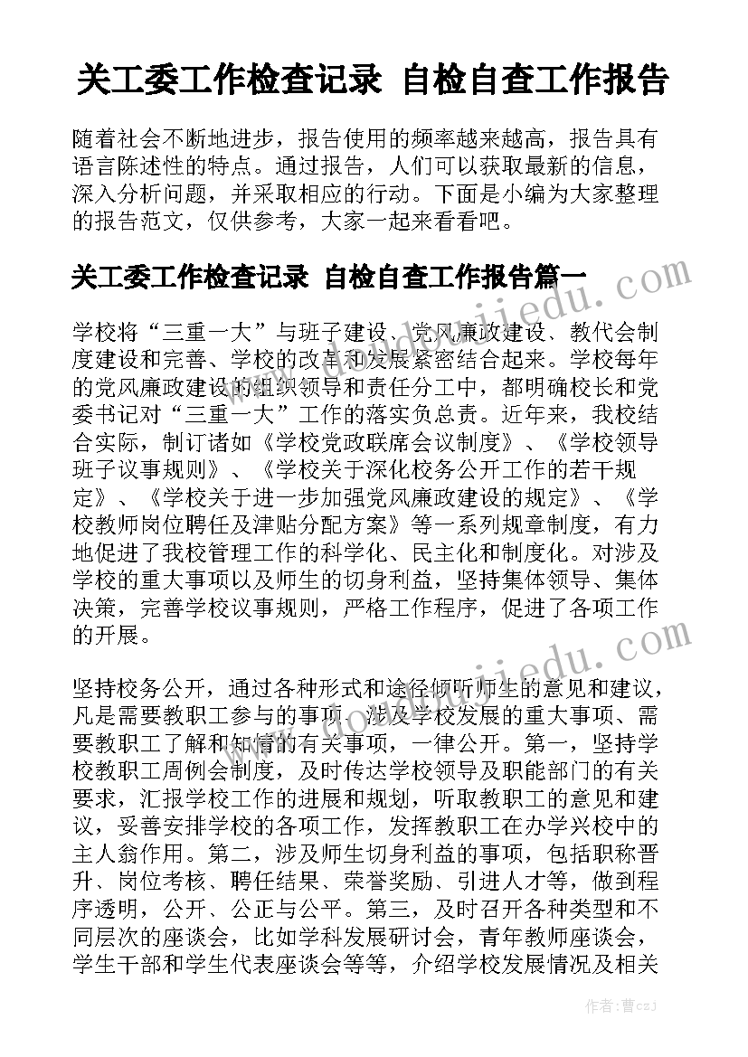 关工委工作检查记录 自检自查工作报告