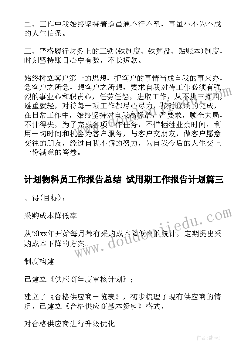 计划物料员工作报告总结 试用期工作报告计划