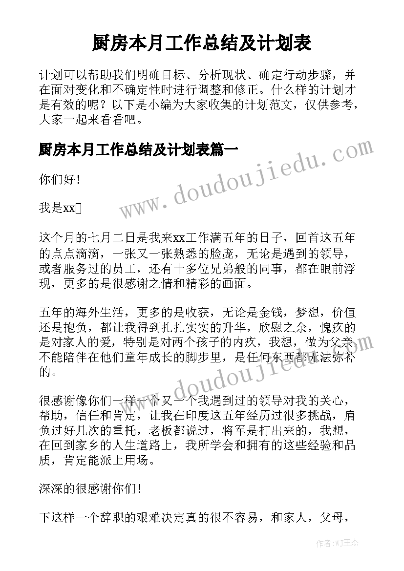 厨房本月工作总结及计划表