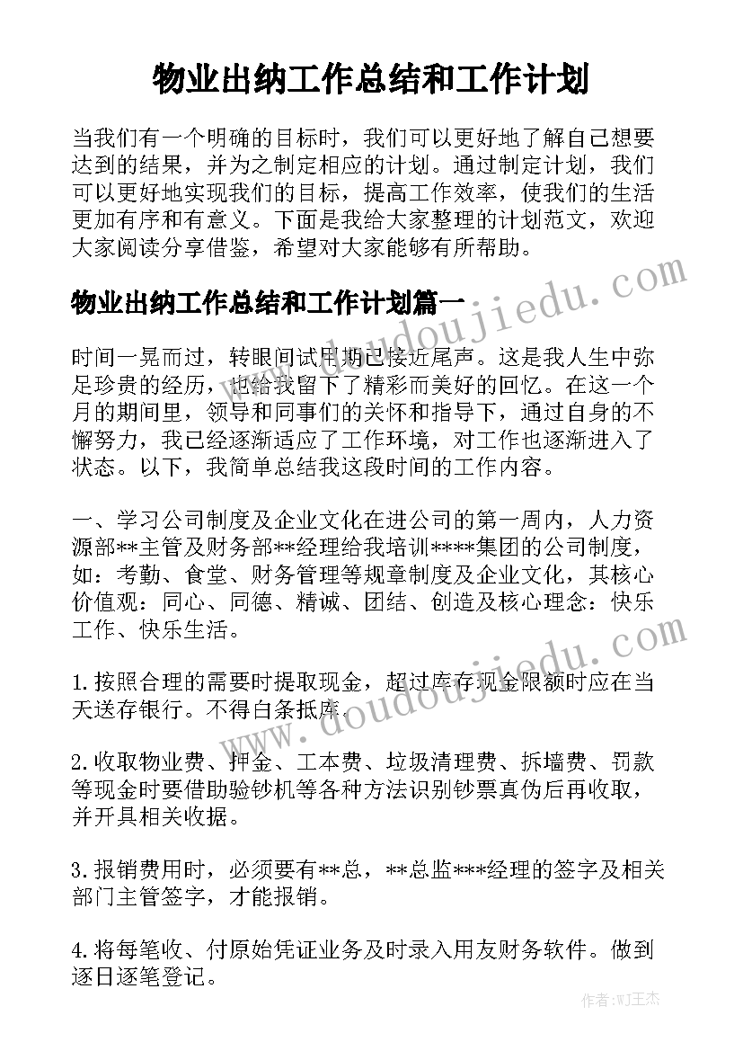 物业出纳工作总结和工作计划