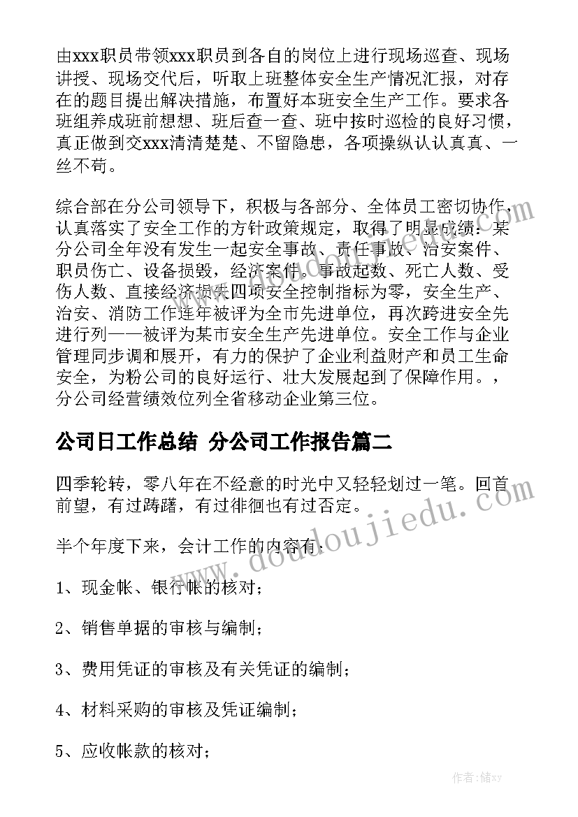 公司日工作总结 分公司工作报告