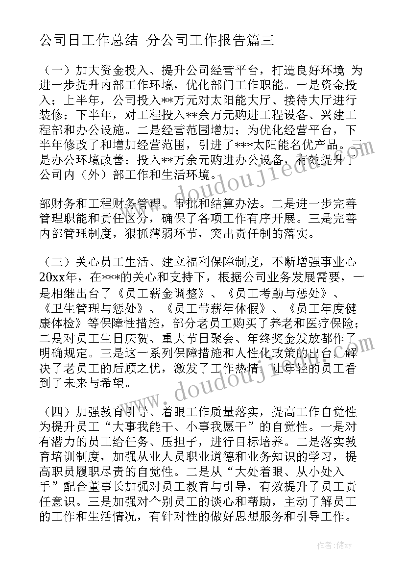 公司日工作总结 分公司工作报告