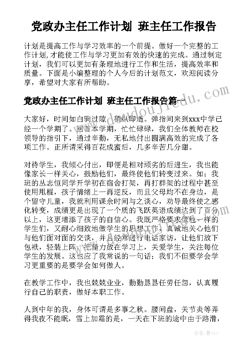 党政办主任工作计划 班主任工作报告