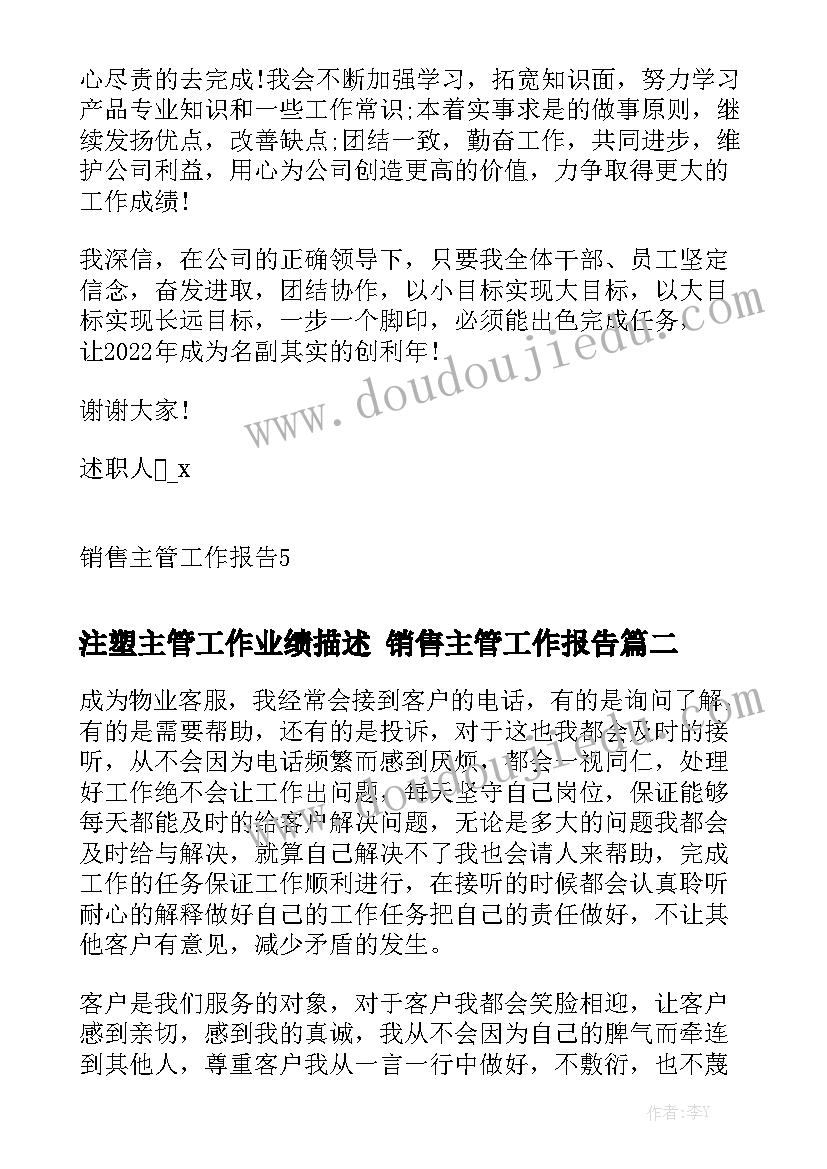 注塑主管工作业绩描述 销售主管工作报告