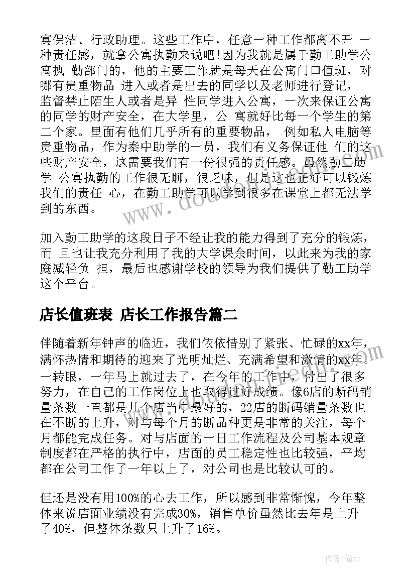 店长值班表 店长工作报告