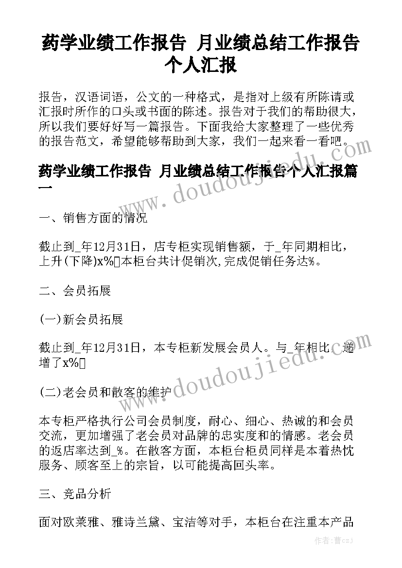 药学业绩工作报告 月业绩总结工作报告个人汇报