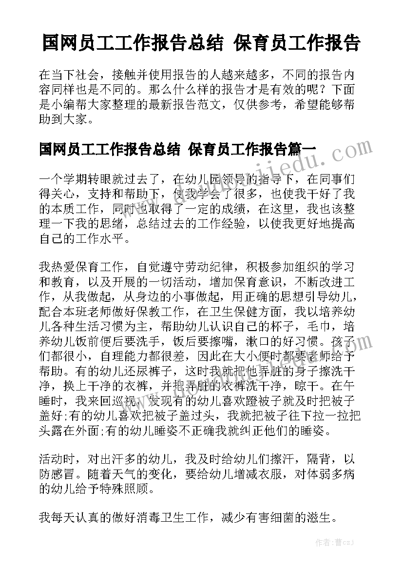 国网员工工作报告总结 保育员工作报告