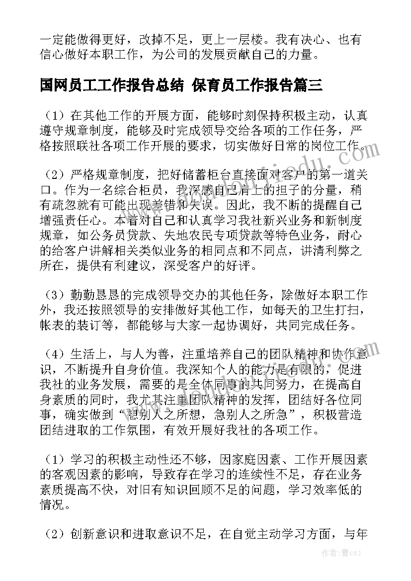 国网员工工作报告总结 保育员工作报告