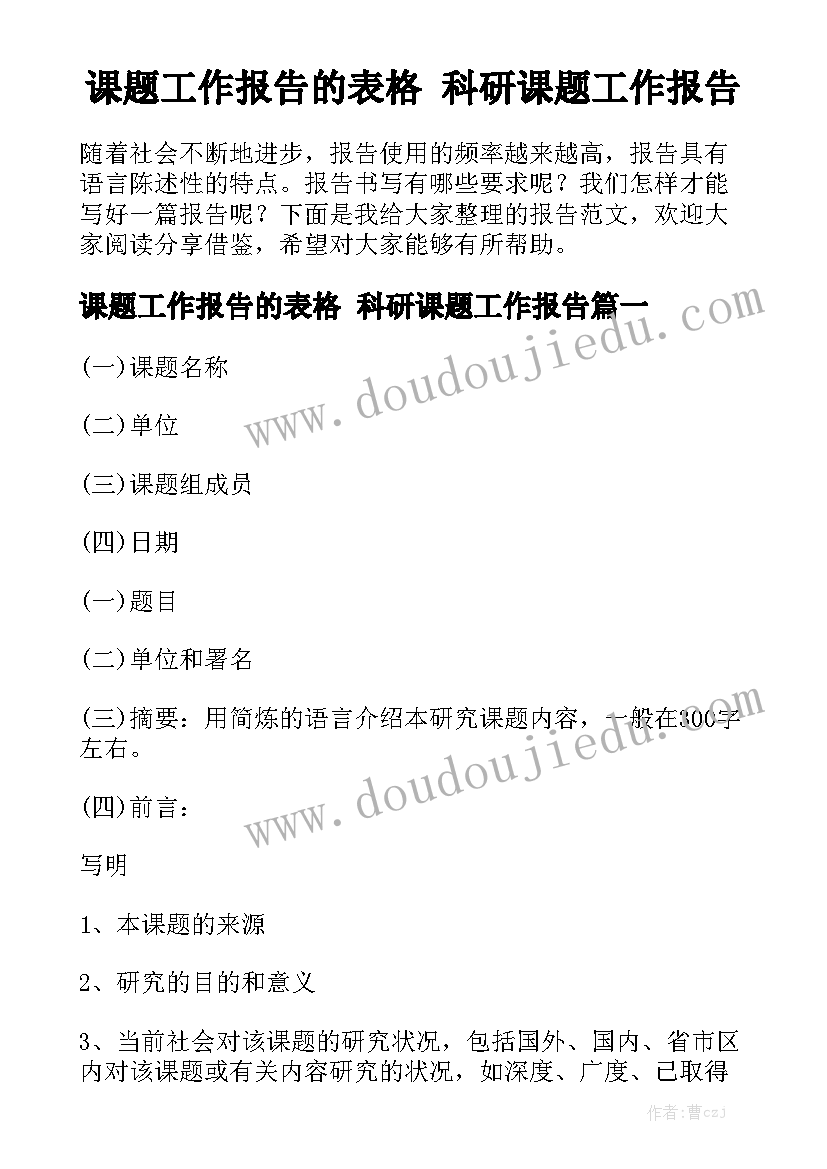 课题工作报告的表格 科研课题工作报告