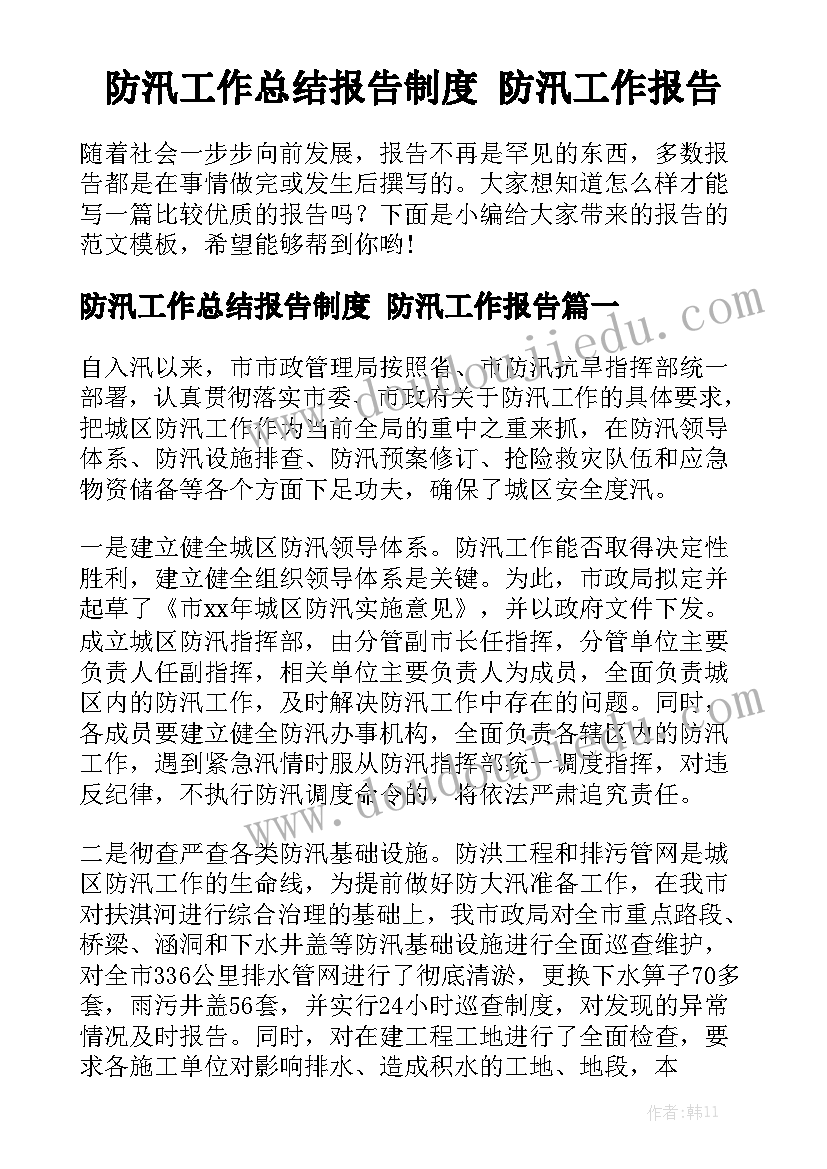 防汛工作总结报告制度 防汛工作报告