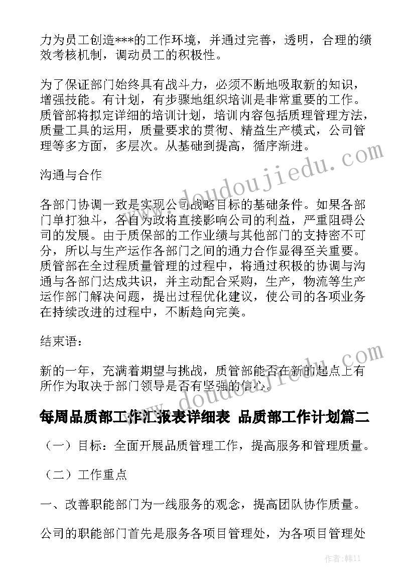 每周品质部工作汇报表详细表 品质部工作计划