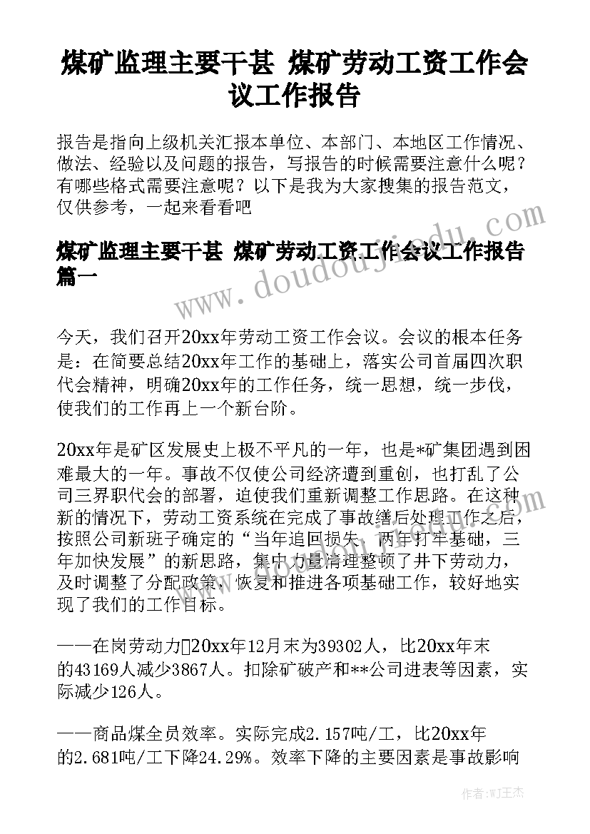 煤矿监理主要干甚 煤矿劳动工资工作会议工作报告