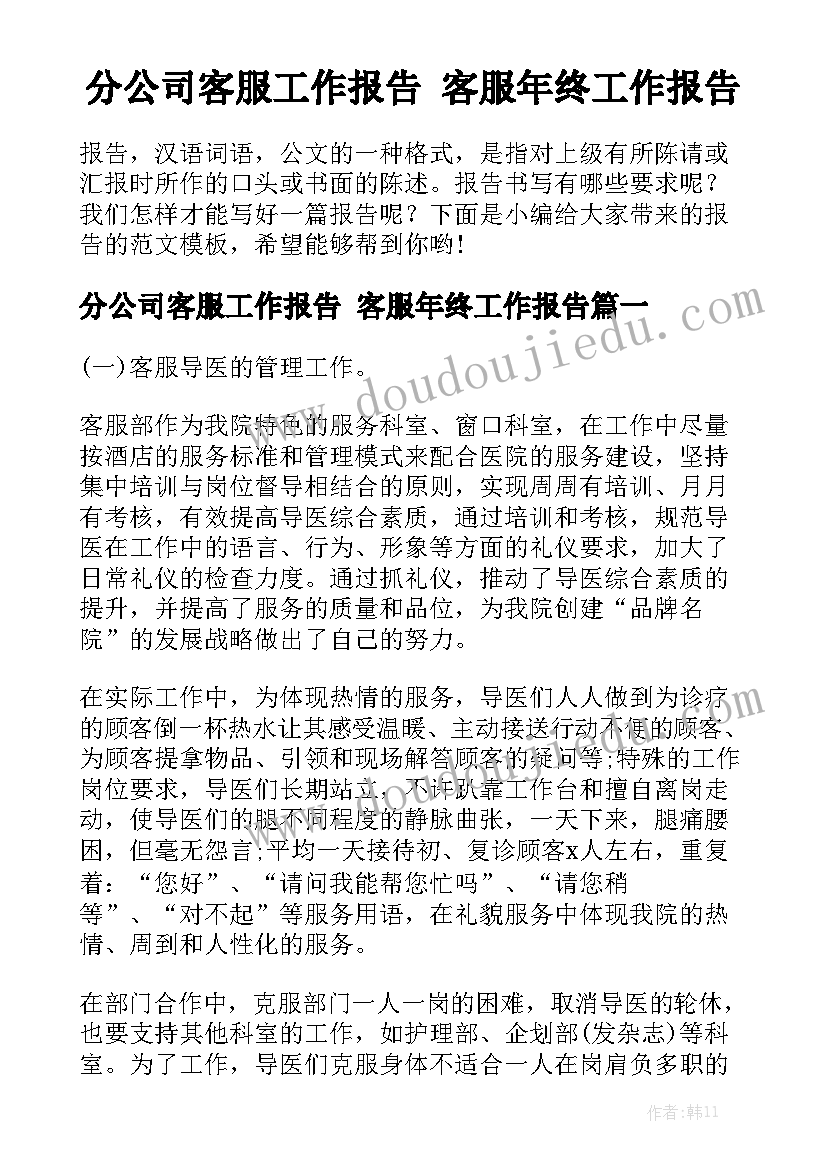 分公司客服工作报告 客服年终工作报告