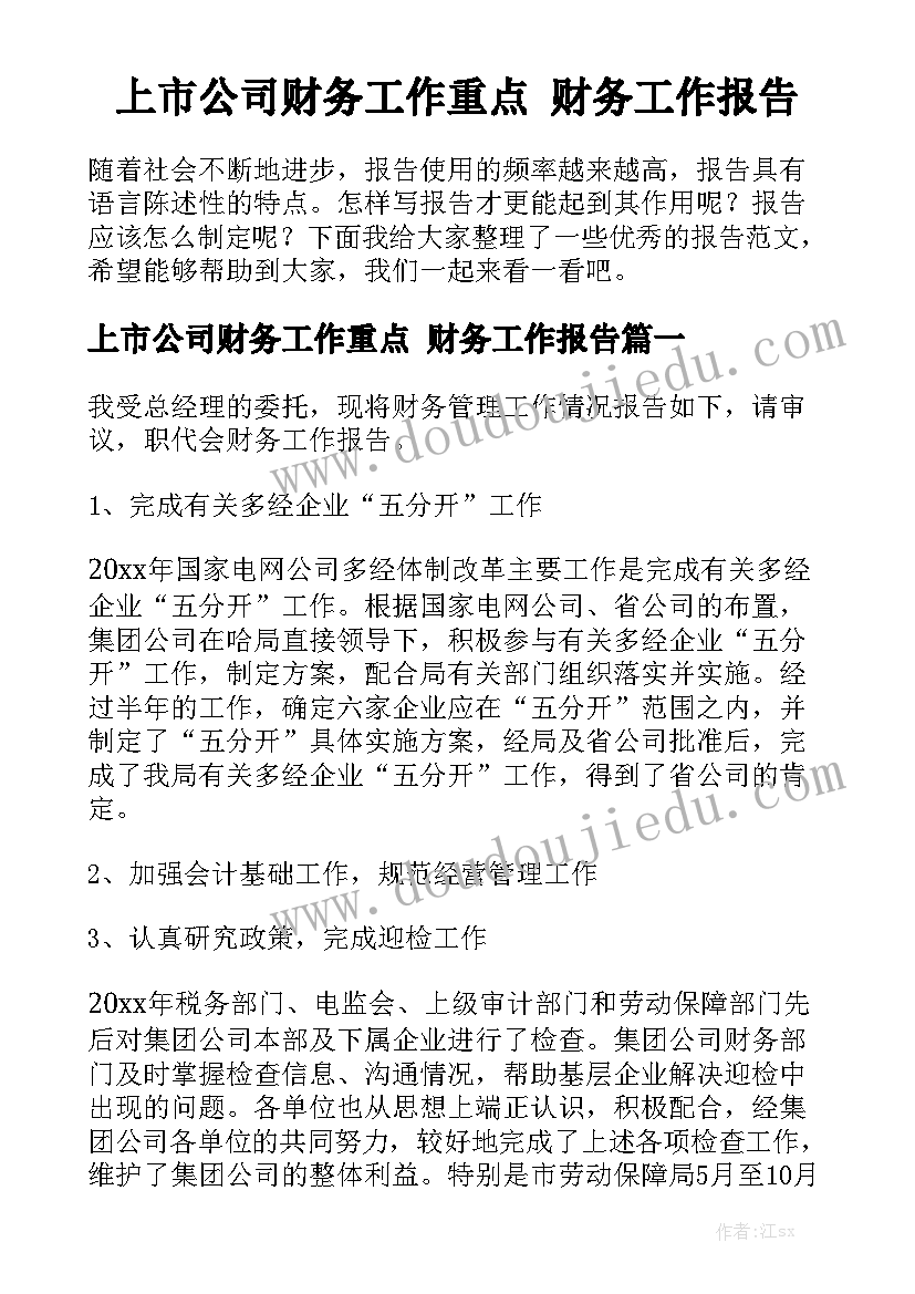 上市公司财务工作重点 财务工作报告