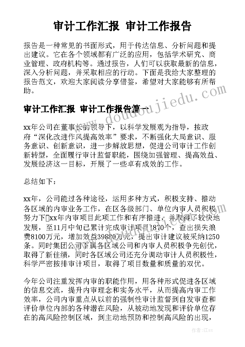 审计工作汇报 审计工作报告