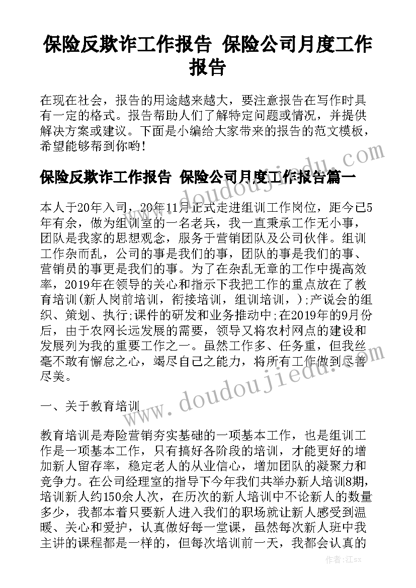 保险反欺诈工作报告 保险公司月度工作报告