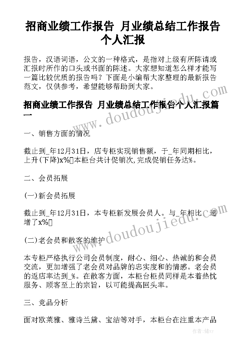 招商业绩工作报告 月业绩总结工作报告个人汇报