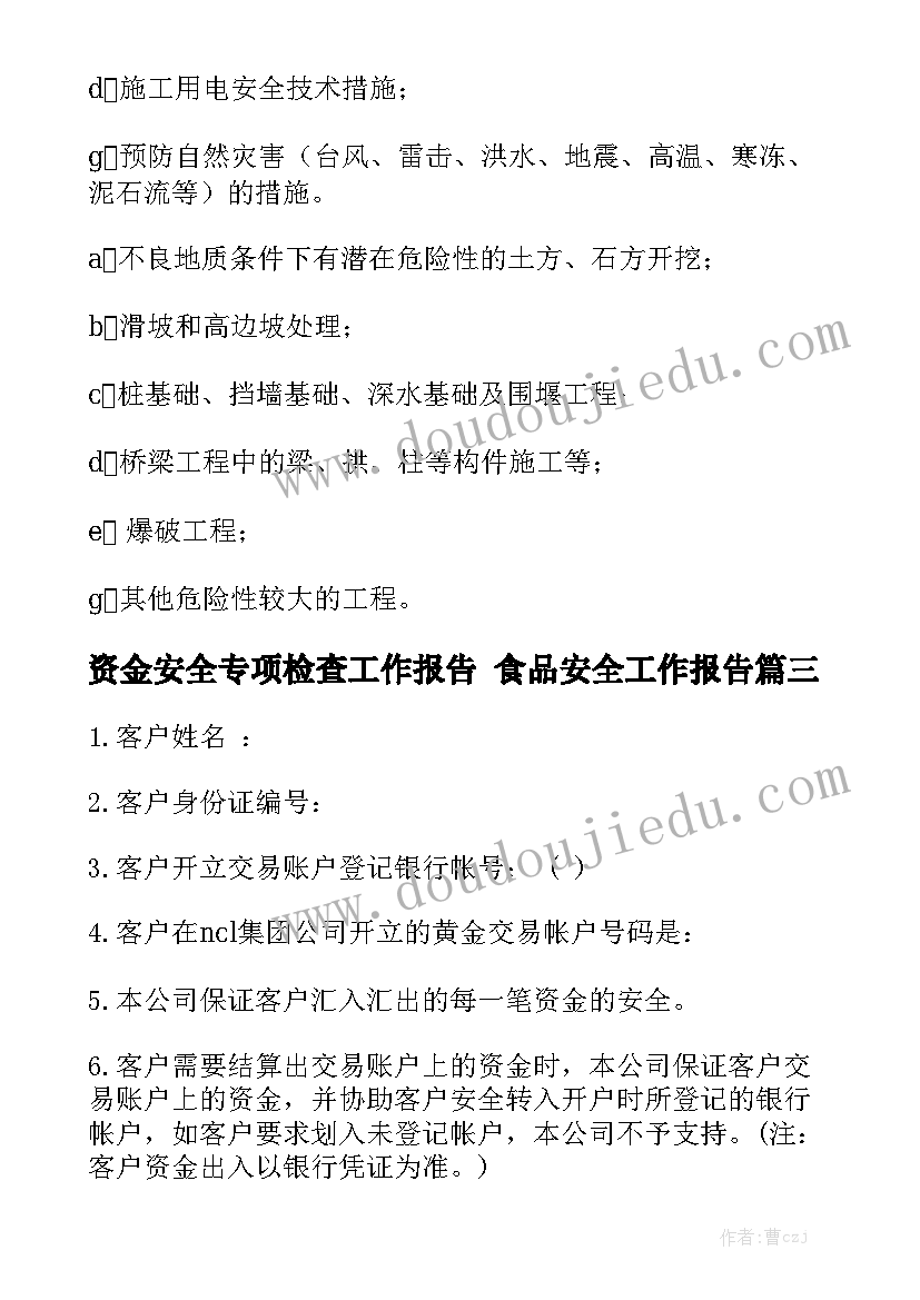 资金安全专项检查工作报告 食品安全工作报告