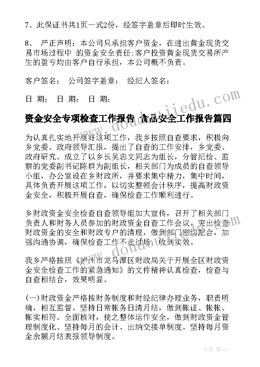 资金安全专项检查工作报告 食品安全工作报告