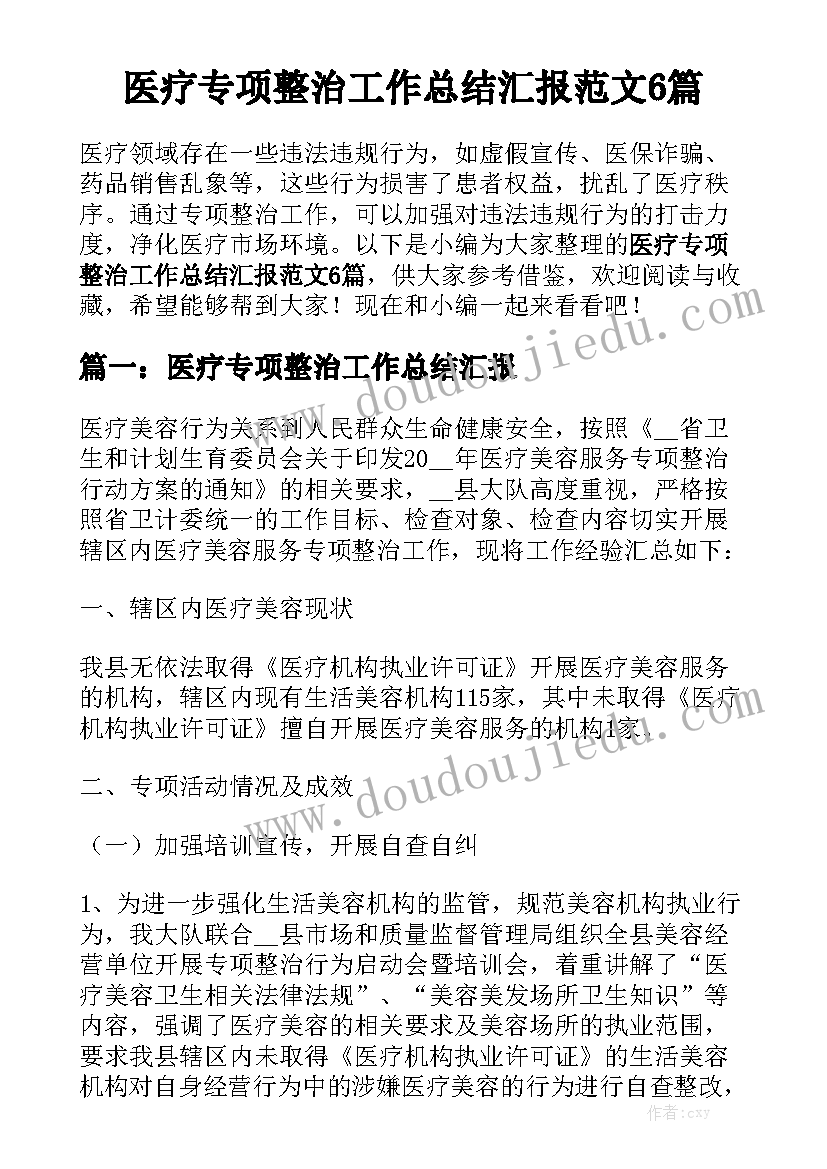 医疗专项整治工作总结汇报范文6篇