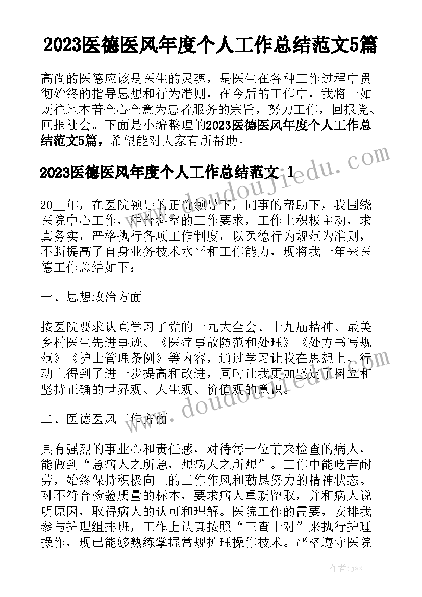 2023医德医风年度个人工作总结范文5篇