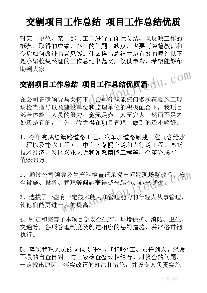 交割项目工作总结 项目工作总结优质