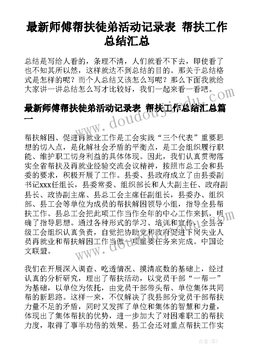 最新师傅帮扶徒弟活动记录表 帮扶工作总结汇总