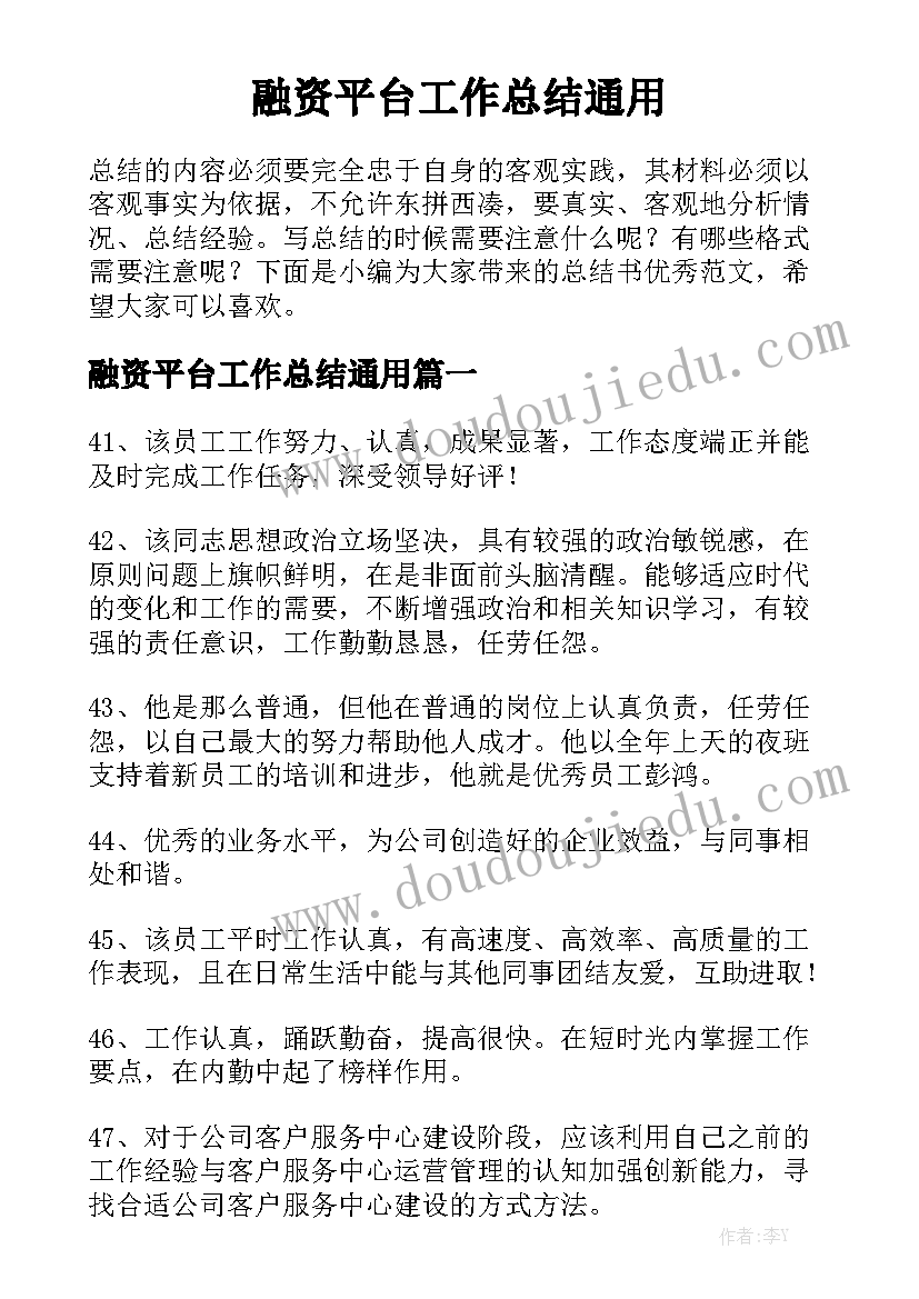 融资平台工作总结通用