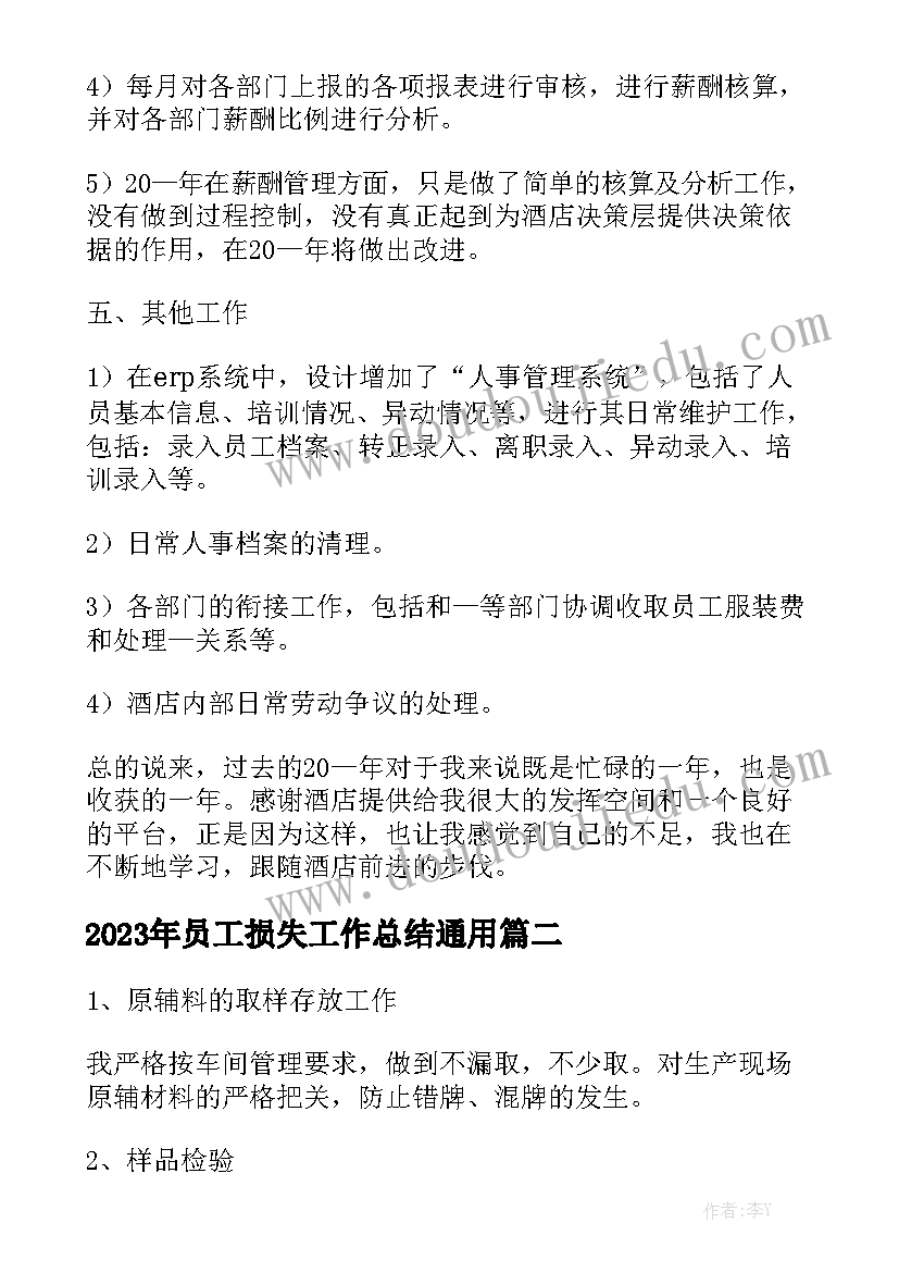 2023年员工损失工作总结通用