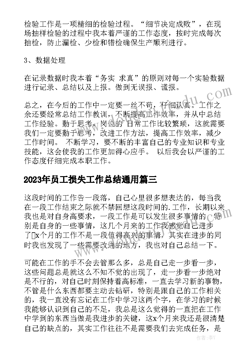 2023年员工损失工作总结通用