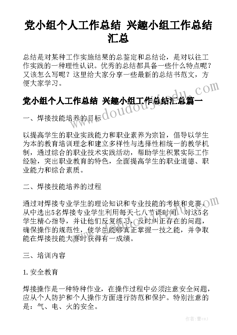 党小组个人工作总结 兴趣小组工作总结汇总