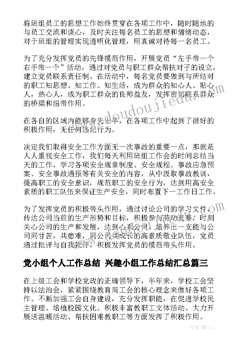 党小组个人工作总结 兴趣小组工作总结汇总