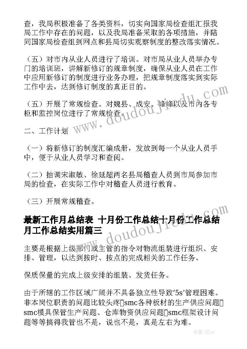 最新工作月总结表 十月份工作总结十月份工作总结月工作总结实用