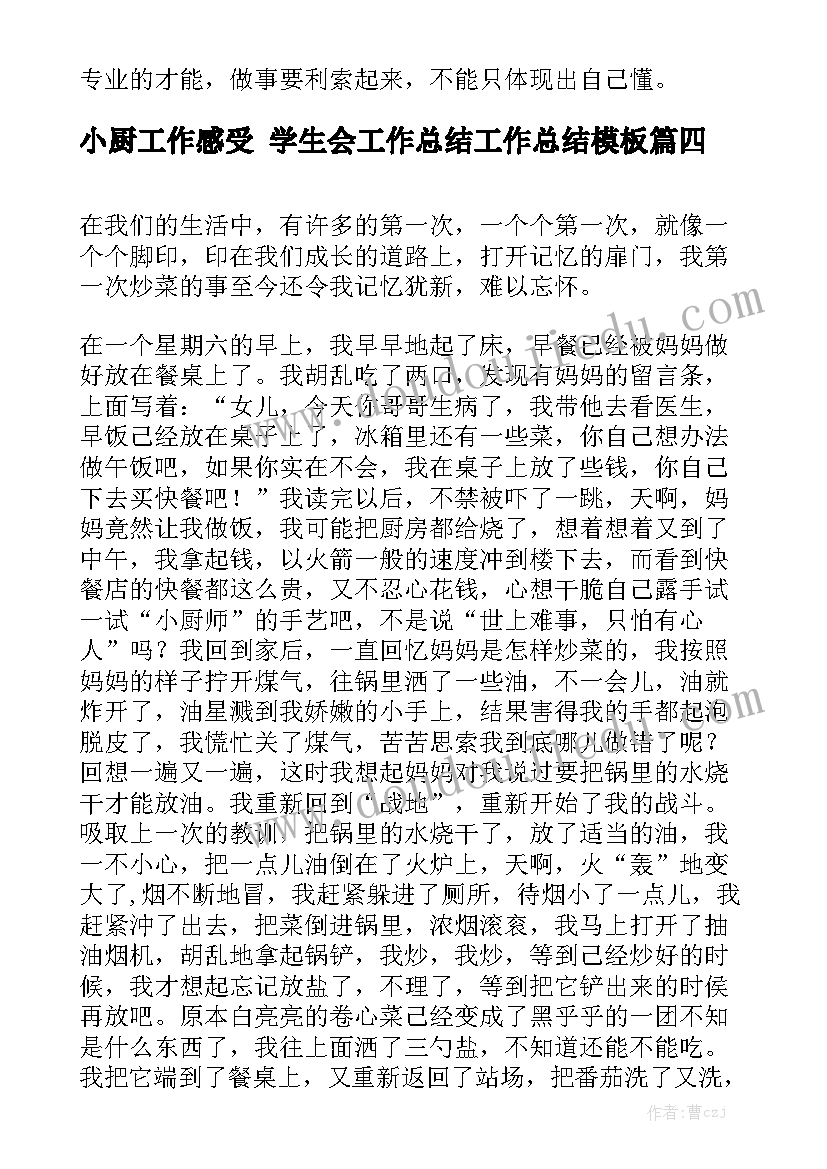 小厨工作感受 学生会工作总结工作总结模板