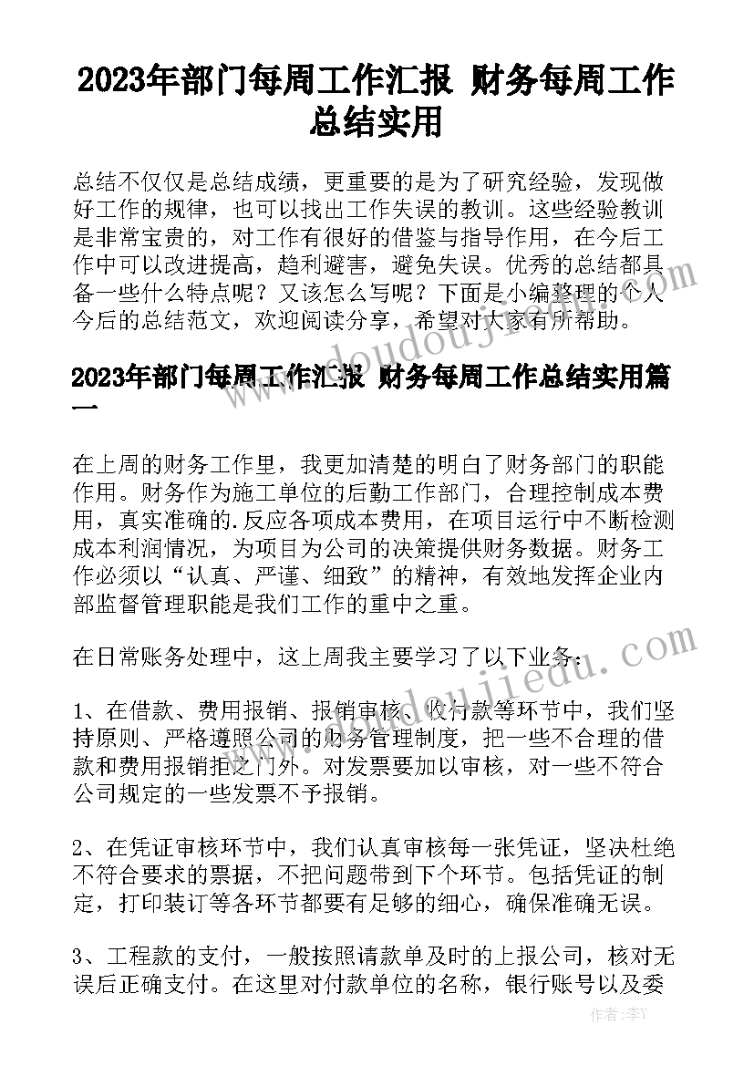 2023年部门每周工作汇报 财务每周工作总结实用