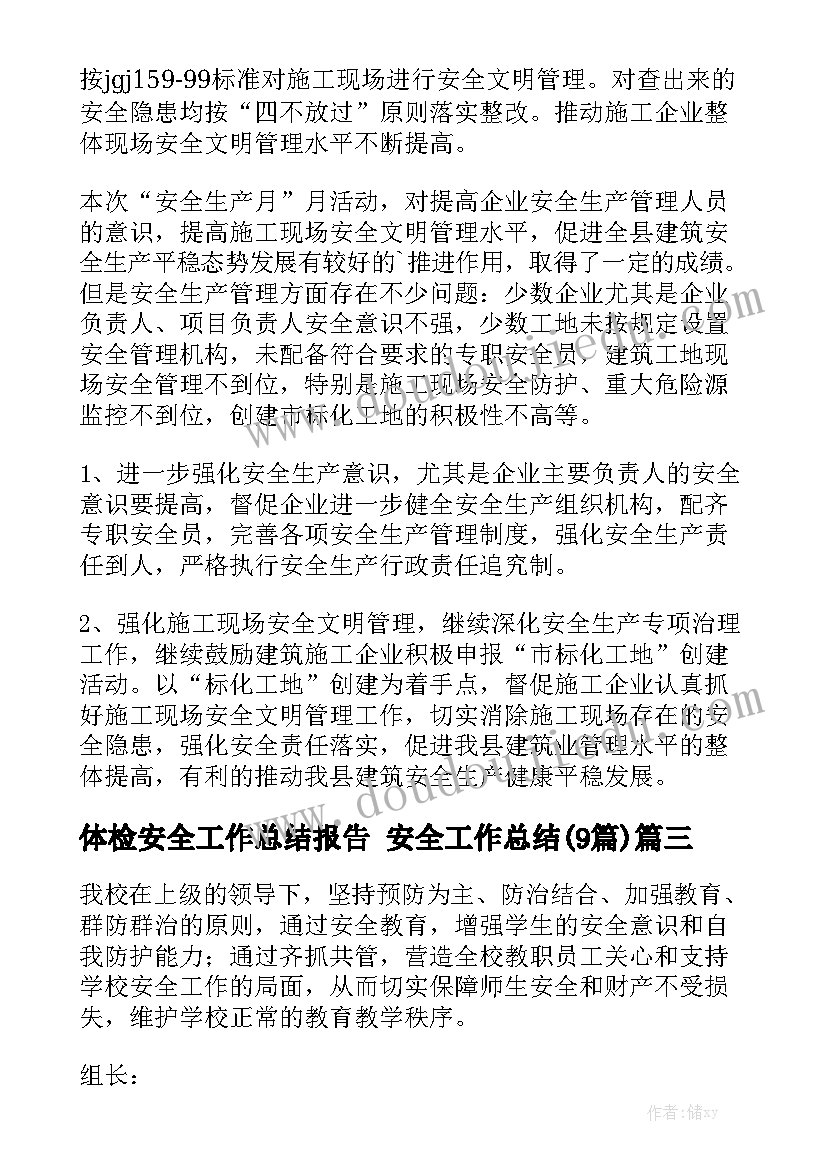 体检安全工作总结报告 安全工作总结(9篇)