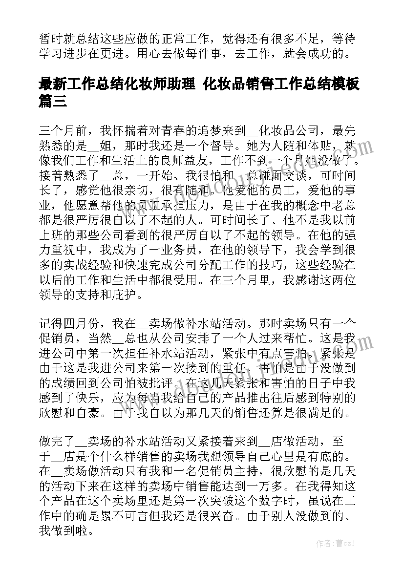 最新工作总结化妆师助理 化妆品销售工作总结模板