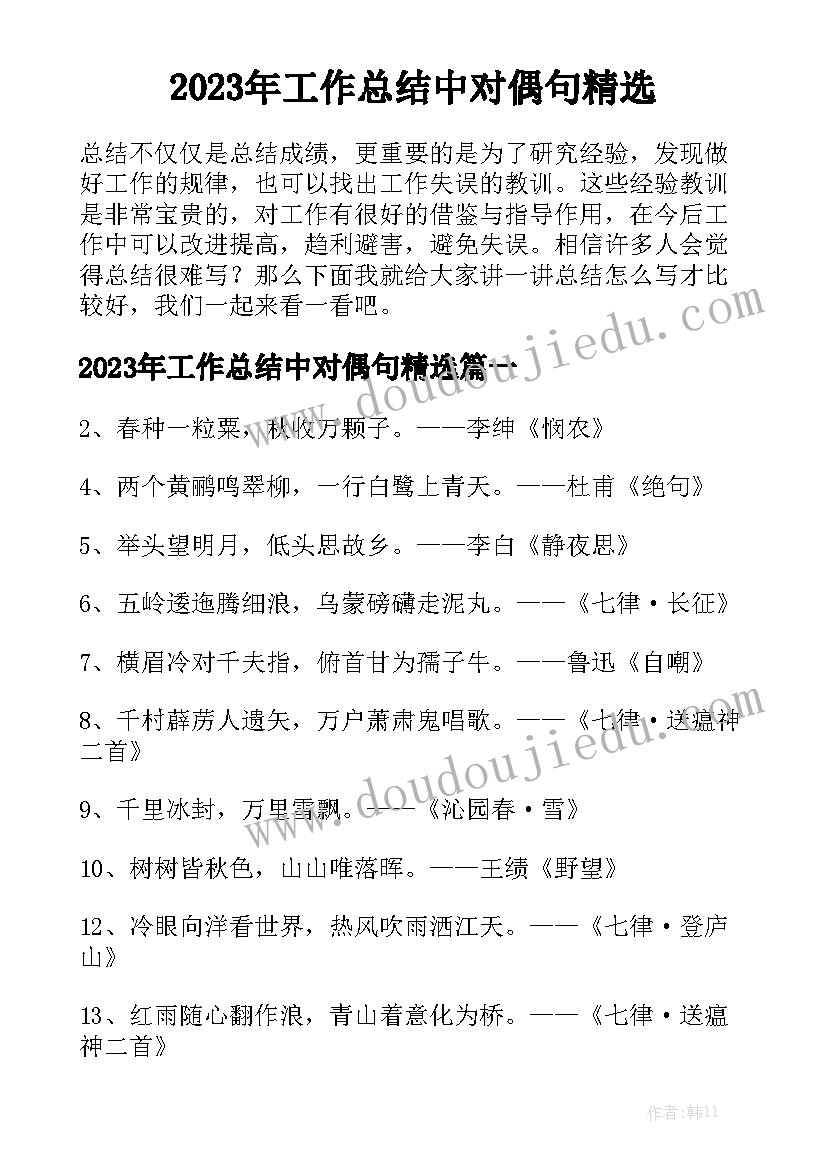 2023年工作总结中对偶句精选