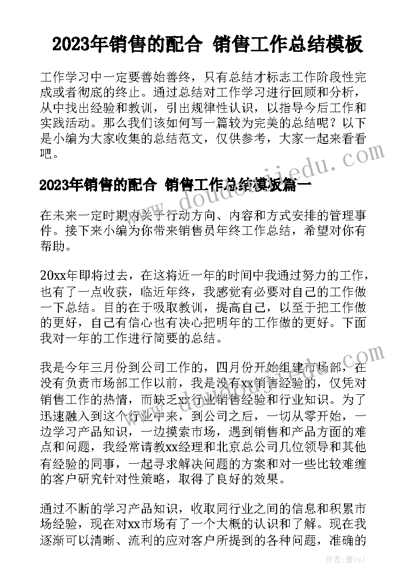 2023年销售的配合 销售工作总结模板