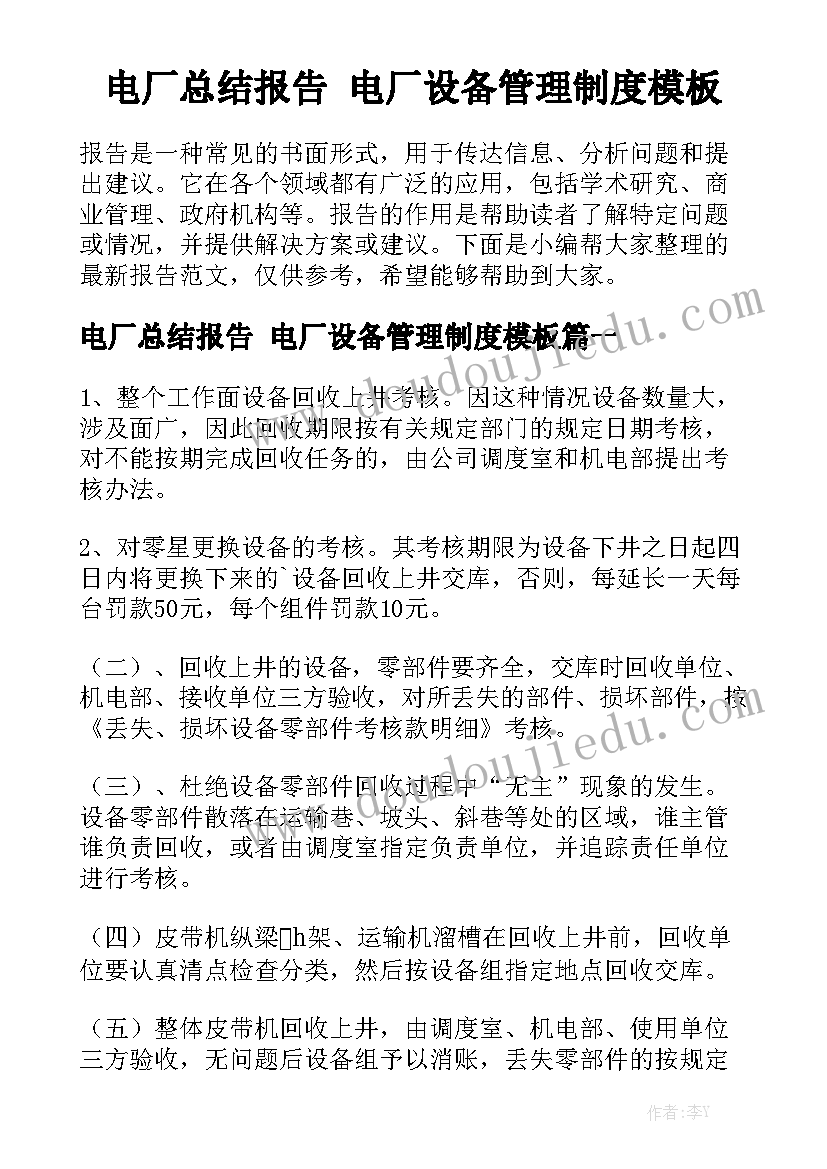 电厂总结报告 电厂设备管理制度模板